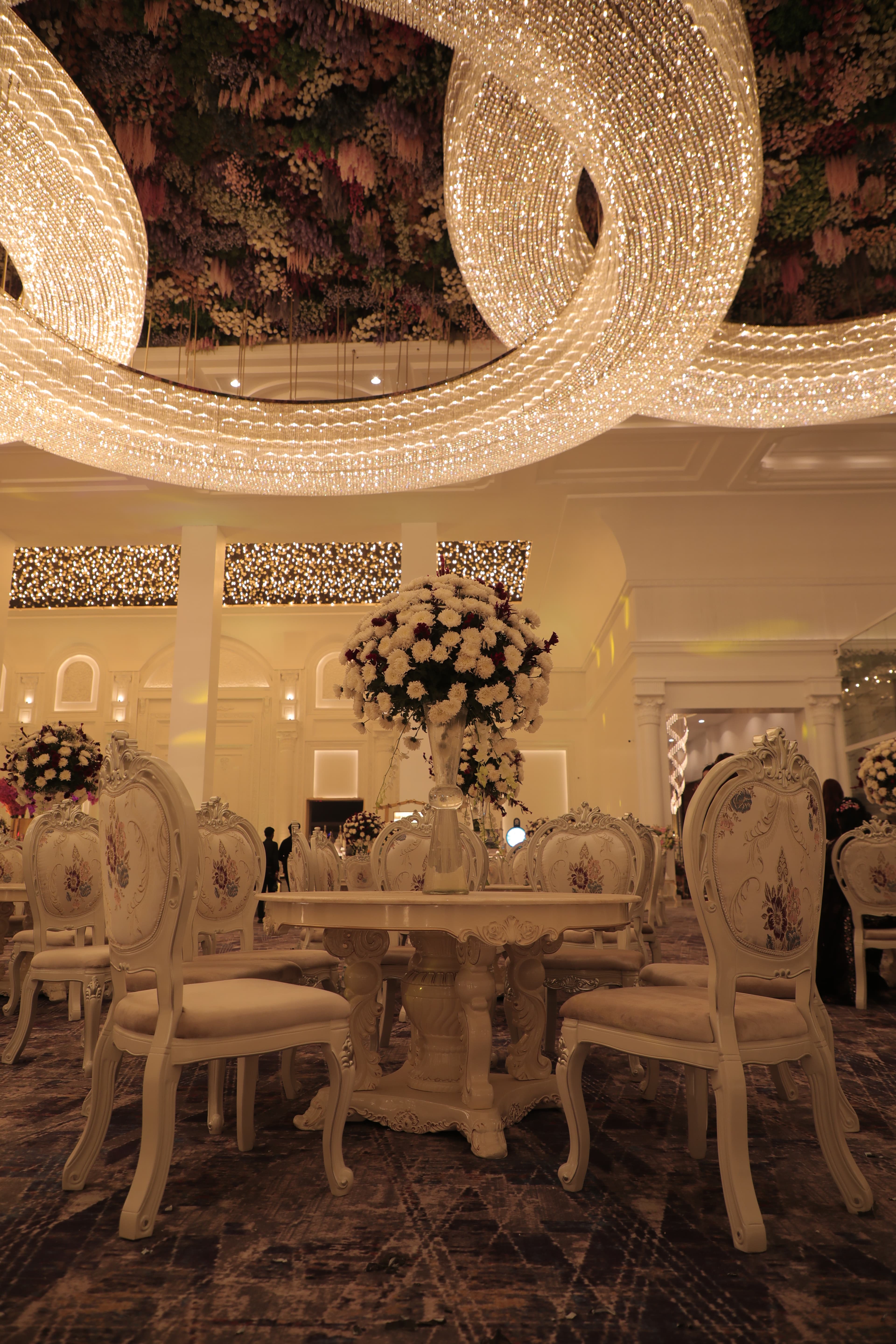 Grand Hall with Flower Wall & Chandeliers